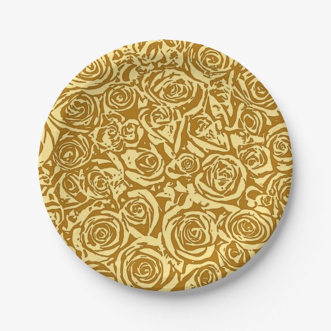 Modern Abstract Rose Pattern, Mustard Yellow Paper Plate (Front)