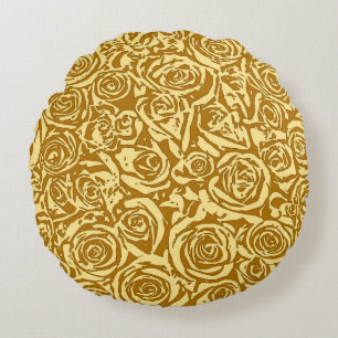 Modern Abstract Rose Pattern, Mustard Yellow Round Cushion