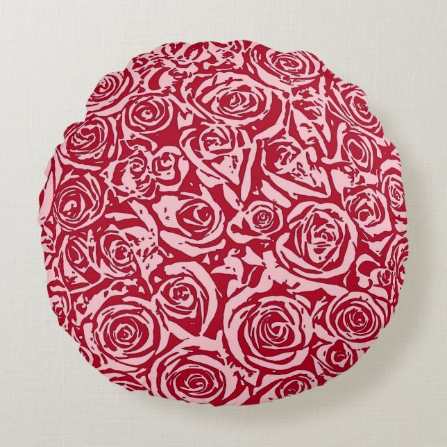 Modern Abstract Rose Pattern, Rose Red and Pink Round Cushion (Front)
