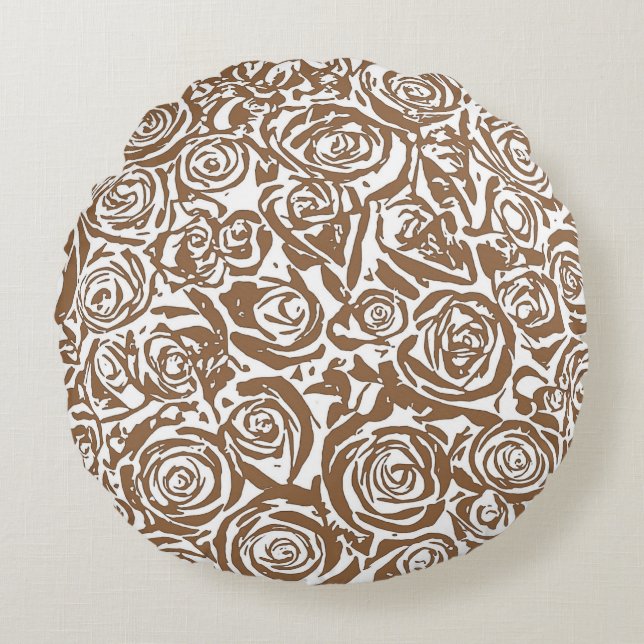 Modern Abstract Rose Pattern,Taupe Tan and White Round Cushion (Front)