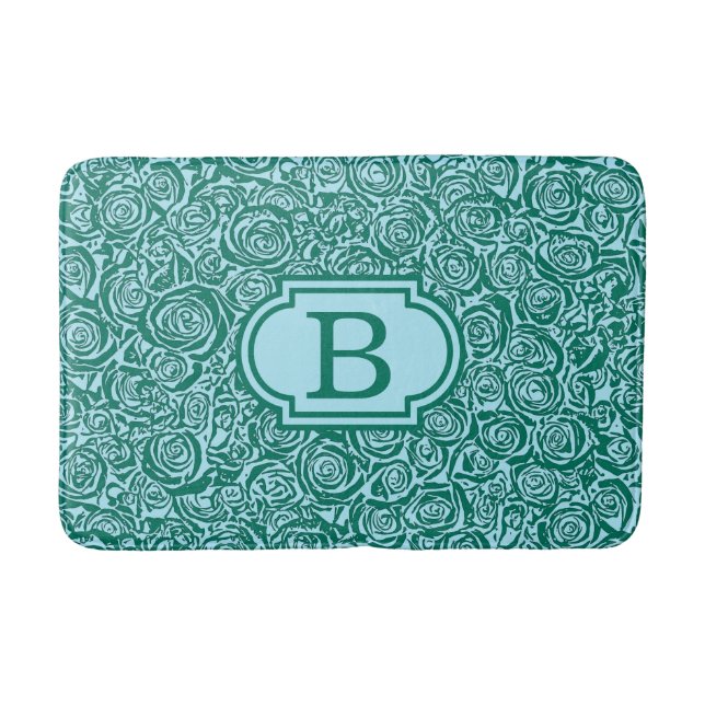 Modern Abstract Rose Pattern, Teal and Aqua Bath Mat (Front)