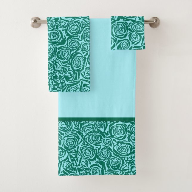 Modern Abstract Rose Pattern, Teal and Aqua Bath Towel Set (Insitu)