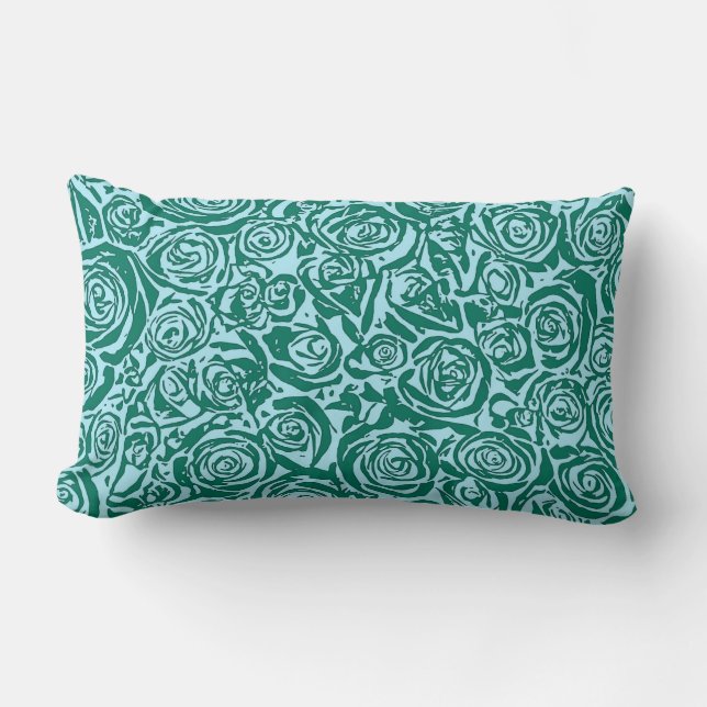 Modern Abstract Rose Pattern, Teal and Aqua Lumbar Cushion (Front)