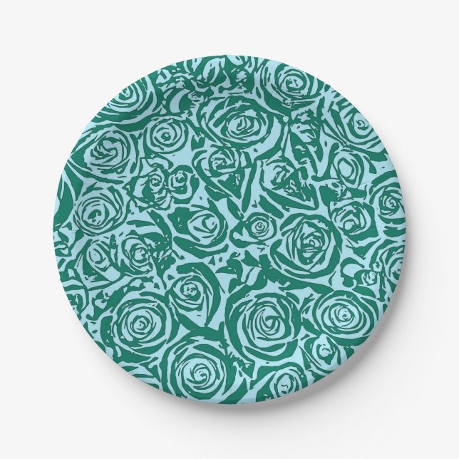 Modern Abstract Rose Pattern, Teal and Aqua Paper Plate (Front)