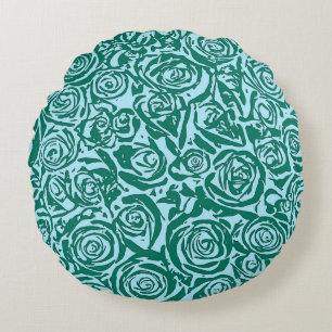 Modern Abstract Rose Pattern, Teal and Aqua Round Cushion