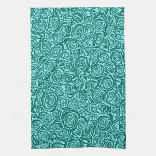 Modern Abstract Rose Pattern, Teal and Aqua Tea Towel