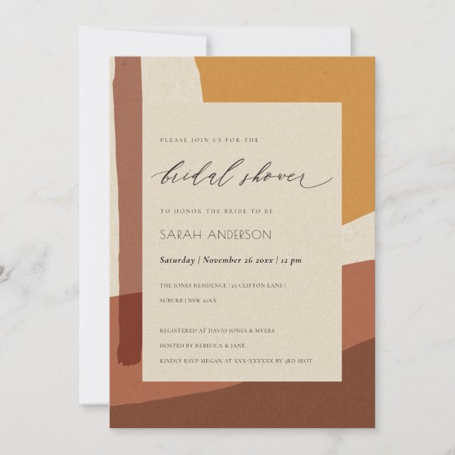 MODERN ABSTRACT RUST YELLOW ARTISTIC BRIDAL SHOWER INVITATION (Front)