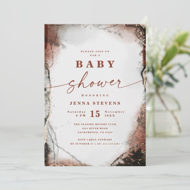 Modern Abstract Rustic Orange Baby Shower Invitation (Standing Front)