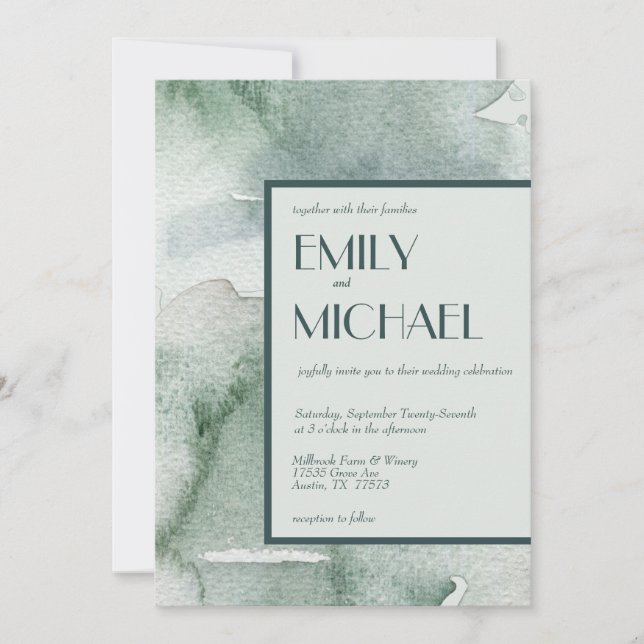 Modern Abstract Sage Green Moss Watercolor Wedding Invitation (Front)