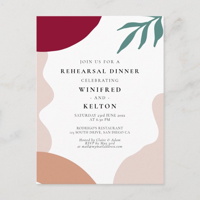 Modern abstract shapes rehearsal dinner postcard (Front)