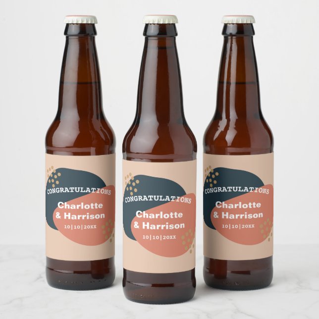 Modern Abstract Shapes Terracotta Navy Wedding Beer Bottle Label (Bottles)