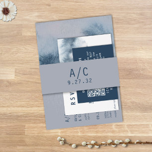 Modern Abstract Slate Blue Grey Mist Watercolor Invitation Belly Band