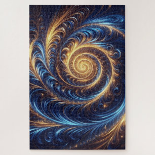 Modern Abstract Space Royal Blue and Gold Swirls  Jigsaw Puzzle