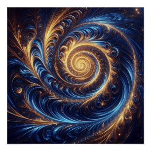 Modern Abstract Space Royal Blue and Gold Swirls  Poster