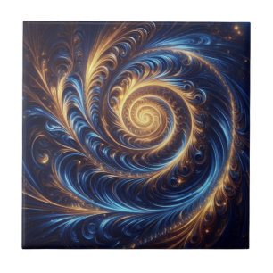 Modern Abstract Space Royal Blue and Gold Swirls  Tile