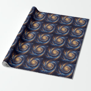 Modern Abstract Space Royal Blue and Gold Swirls Wrapping Paper