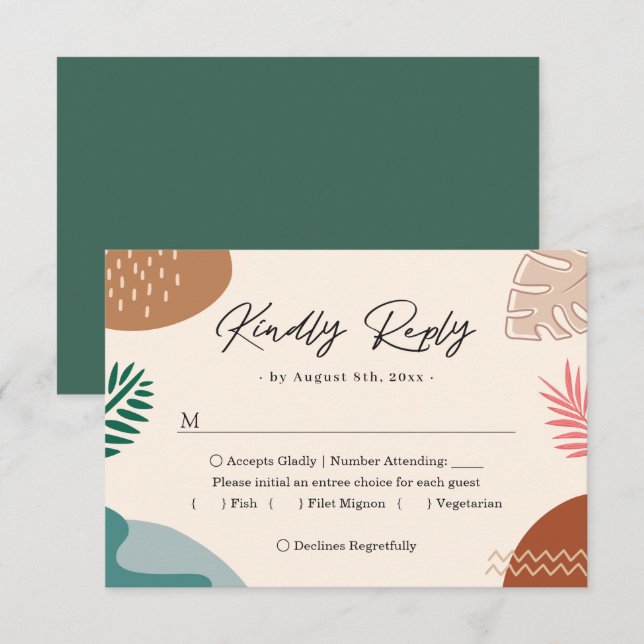 Modern Abstract Summer Tropical Leaves Wedding RSVP Card (Front/Back)