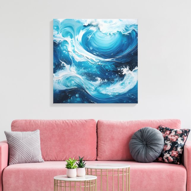 Modern Abstract Swirl in Ocean Blue Waves colour Canvas Print (Insitu(LivingRoom))