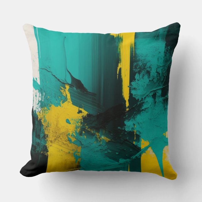 Modern Abstract Teal and Yellow Painted Design Cushion (Front)
