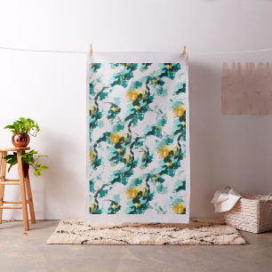 Modern Abstract Teal and Yellow Painted Design Fabric