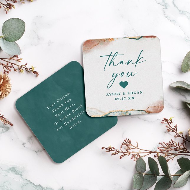 Modern Abstract Teal & Copper Wedding Thank You Card (Modern teal and copper wedding thank you note cards with abstract design.)