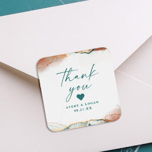 Modern Abstract Teal & Copper Wedding Thank You Square Sticker