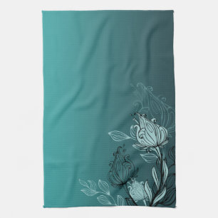 Modern Abstract Teal Floral Tea Towel