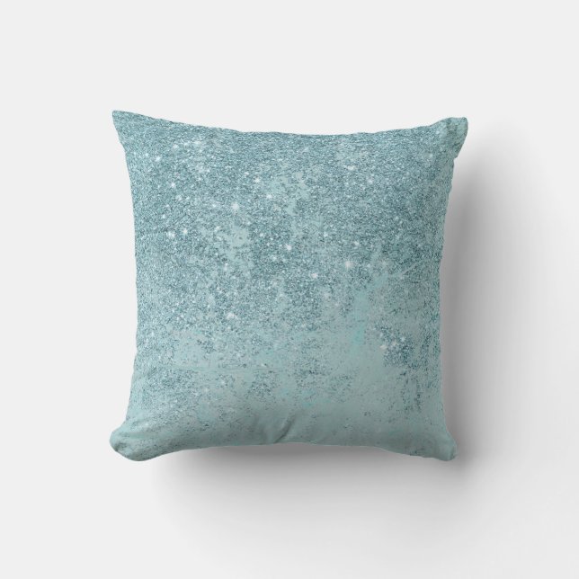 Modern abstract teal glitter blush tones marble cushion (Front)