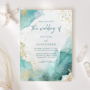 Modern Abstract Teal Gold Beach Wedding Invitation