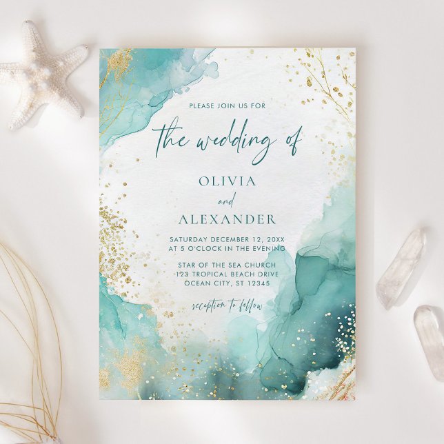 Modern Abstract Teal Gold Beach Wedding Invitation (Creator Uploaded)