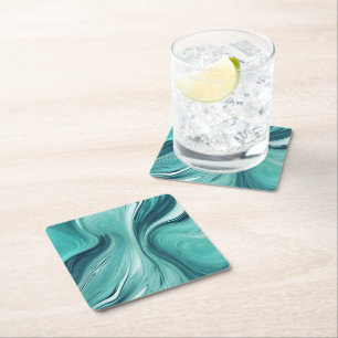 Modern Abstract Teal Green Liquid Pour Square Paper Coaster
