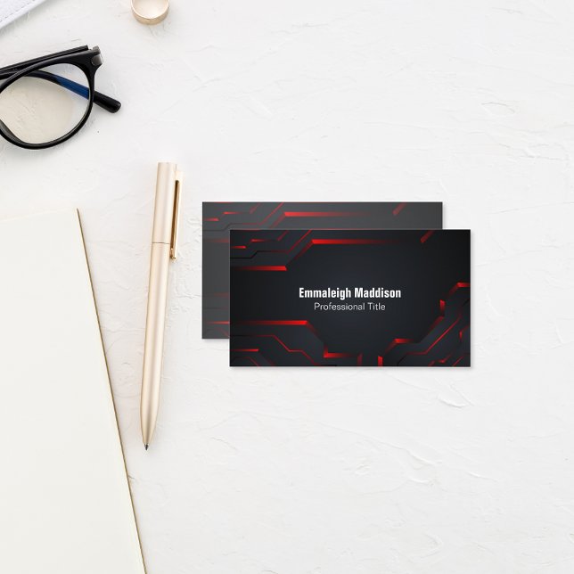Modern Abstract Tech Design | Black Red Business Card (Creator Uploaded)