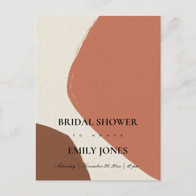 MODERN ABSTRACT TERRACOTTA RED BRIDAL SHOWER INVITATION POSTCARD (Front)