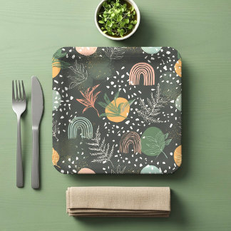 Modern Abstract Terrazzo & Botanical Collage Paper Plate