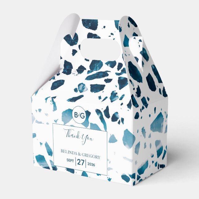 Modern Abstract Terrazzo Mosaic Blue Wedding Favour Box (Front Side)