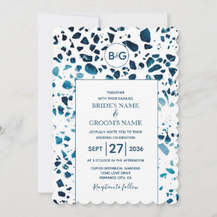 Modern Abstract Terrazzo Mosaic Blue Wedding Invit Invitation