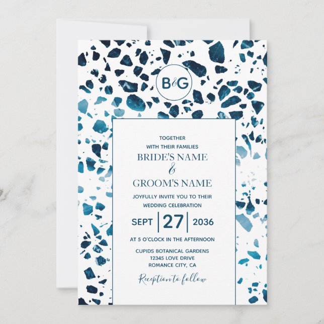 Modern Abstract Terrazzo Mosaic Blue Wedding Invitation (Front)