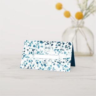 Modern Abstract Terrazzo Mosaic Blue Wedding Place Card