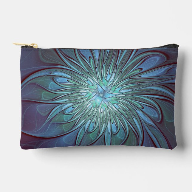 Modern Abstract Trendy Blue Flower Fractal Art Accessory Pouch (Front)