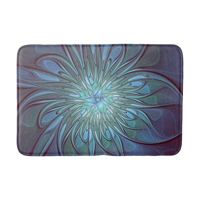Modern Abstract Trendy Blue Flower Fractal Art Bath Mat (Front)