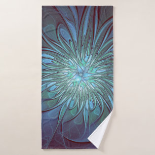 Modern Abstract Trendy Blue Flower Fractal Art Bath Towel