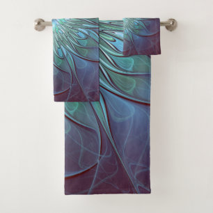 Modern Abstract Trendy Blue Flower Fractal Art Bath Towel Set