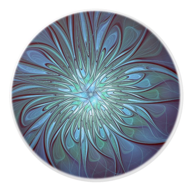 Modern Abstract Trendy Blue Flower Fractal Art Ceramic Knob (Front)