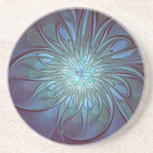 Modern Abstract Trendy Blue Flower Fractal Art Coaster