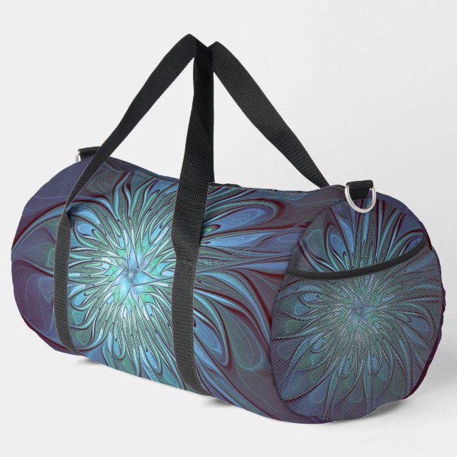 Modern Abstract Trendy Blue Flower Fractal Art Duffle Bag (Right Corner)