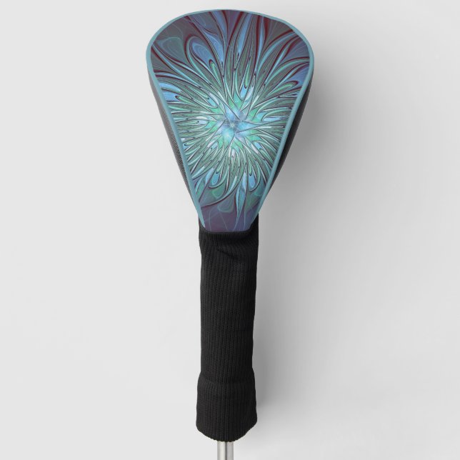 Modern Abstract Trendy Blue Flower Fractal Art Golf Head Cover (Front)