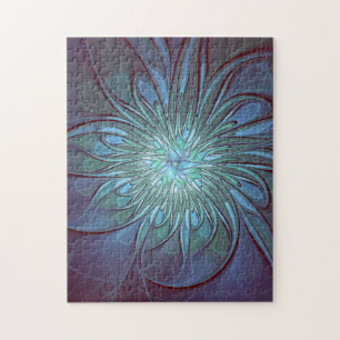 Modern Abstract Trendy Blue Flower Fractal Art Jigsaw Puzzle