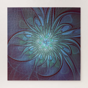 Modern Abstract Trendy Blue Flower Fractal Art Jigsaw Puzzle