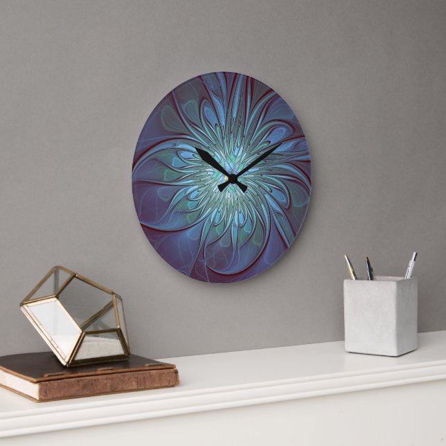 Modern Abstract Trendy Blue Flower Fractal Art Large Clock (Office)