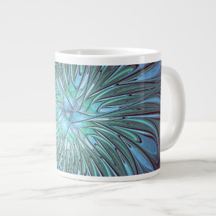 Modern Abstract Trendy Blue Flower Fractal Art Large Coffee Mug